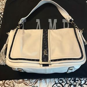 L.A.M.B. Cream and Black Leather Shoulder Bag with Tassel